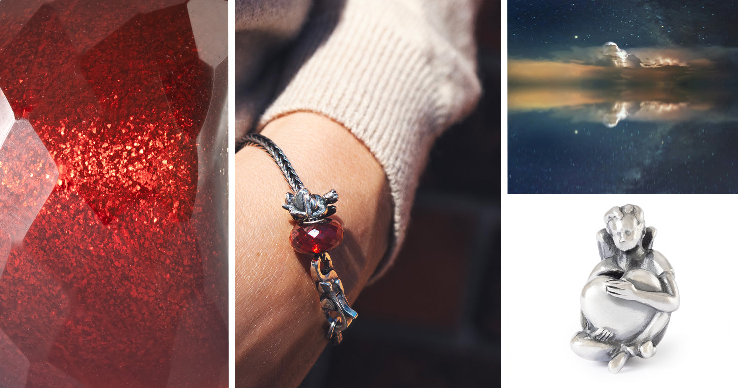 Collage of red shimmering glass bead, silver angel holding a heart and winter starry night sky