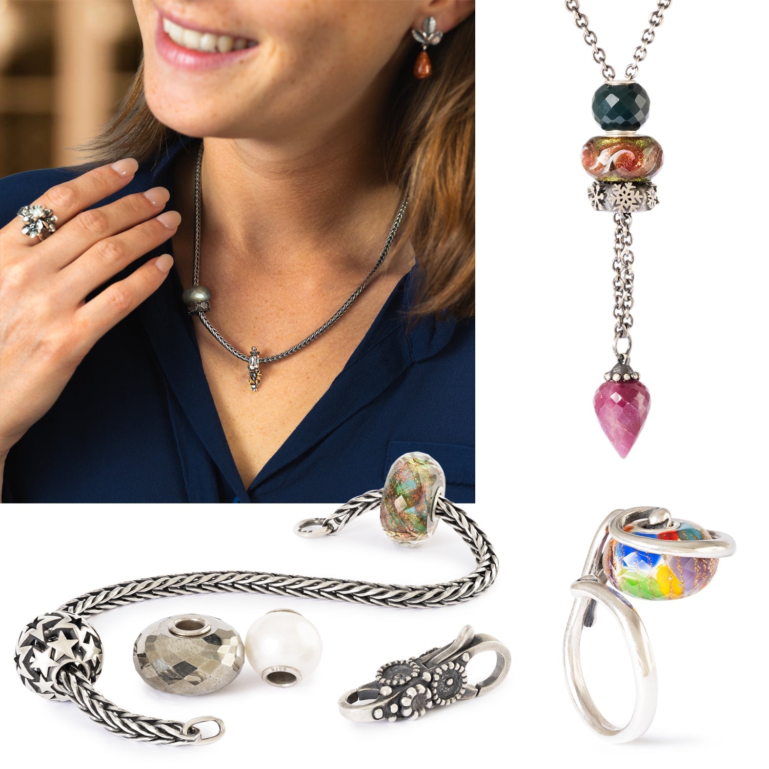 Collage with picture of necklace, ring and bracelet with silver, gemstone and shimmering glass beads.