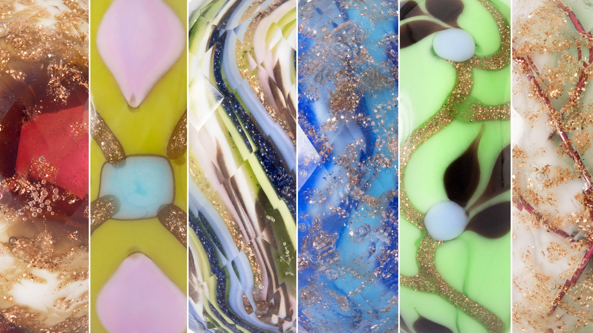 Collage of close-up of six colorful glass beads with golden glitter
