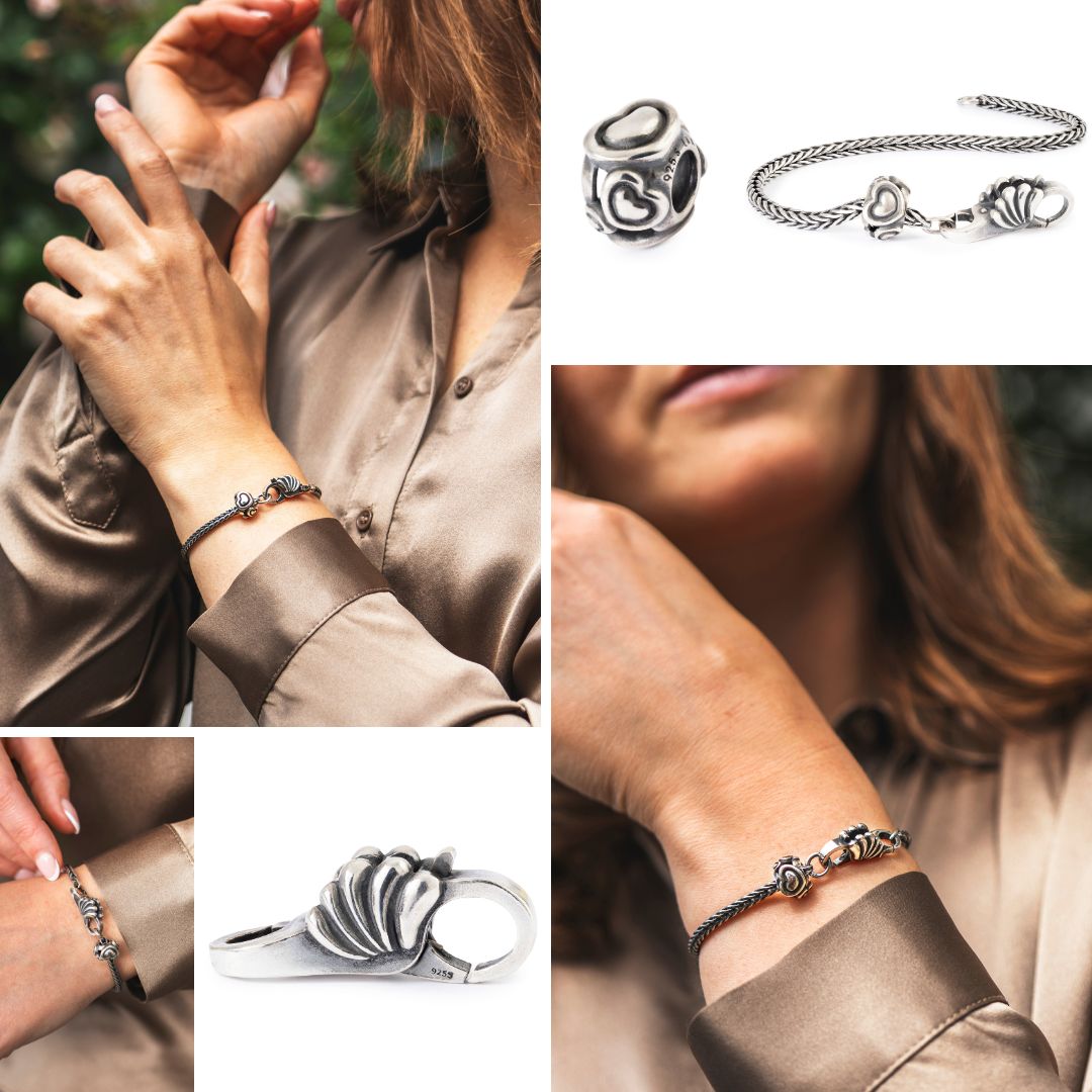 A collage showing a silver bracelet worn on multiple wrists, with close-up views of the bracelet and a separate flat view of the clasp/bead detail. The model wears a satin brown blouse, and the background includes blurred outdoor greenery and a plain light backdrop.